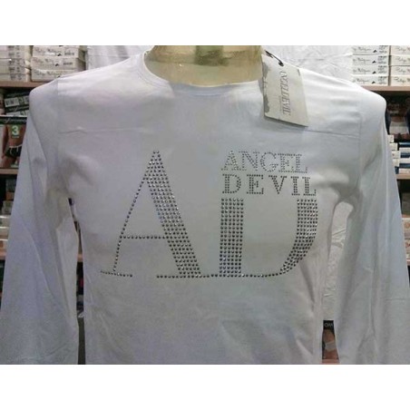 T-shirt uomo Angel Devil manica lunga a girocollo in cotone con logo di borchiette