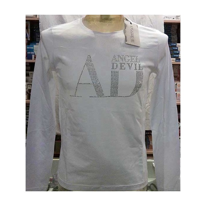 T-shirt uomo Angel Devil manica lunga a girocollo in cotone con logo di borchiette