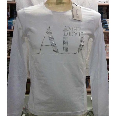 T-shirt uomo Angel Devil manica lunga a girocollo in cotone con logo di borchiette