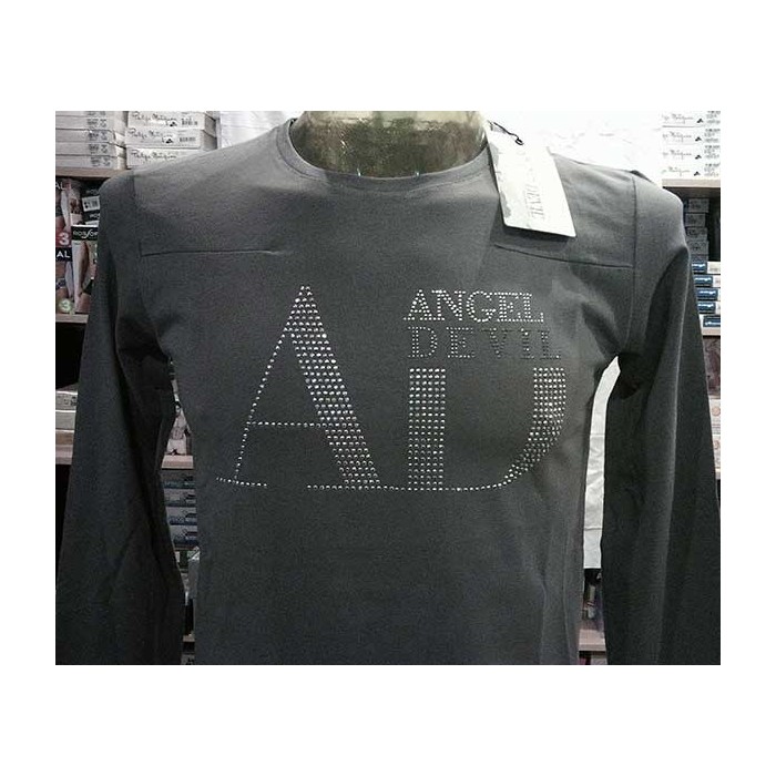 T-shirt uomo Angel Devil manica lunga a girocollo in cotone con logo di borchiette