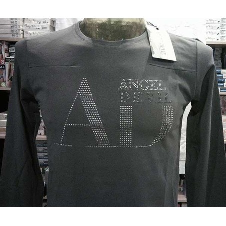 T-shirt uomo Angel Devil manica lunga a girocollo in cotone con logo di borchiette