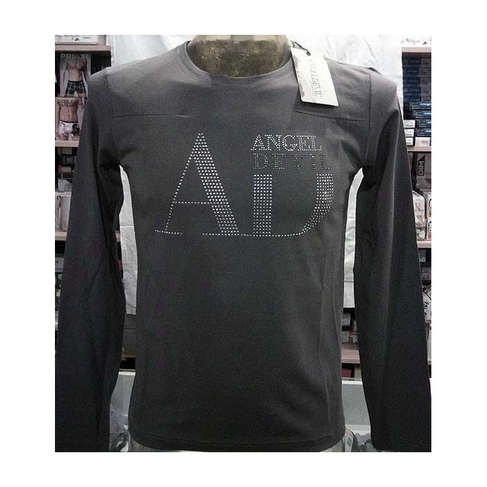 T-shirt uomo Angel Devil manica lunga a girocollo in cotone con logo di borchiette