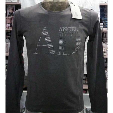 T-shirt uomo Angel Devil manica lunga a girocollo in cotone con logo di borchiette