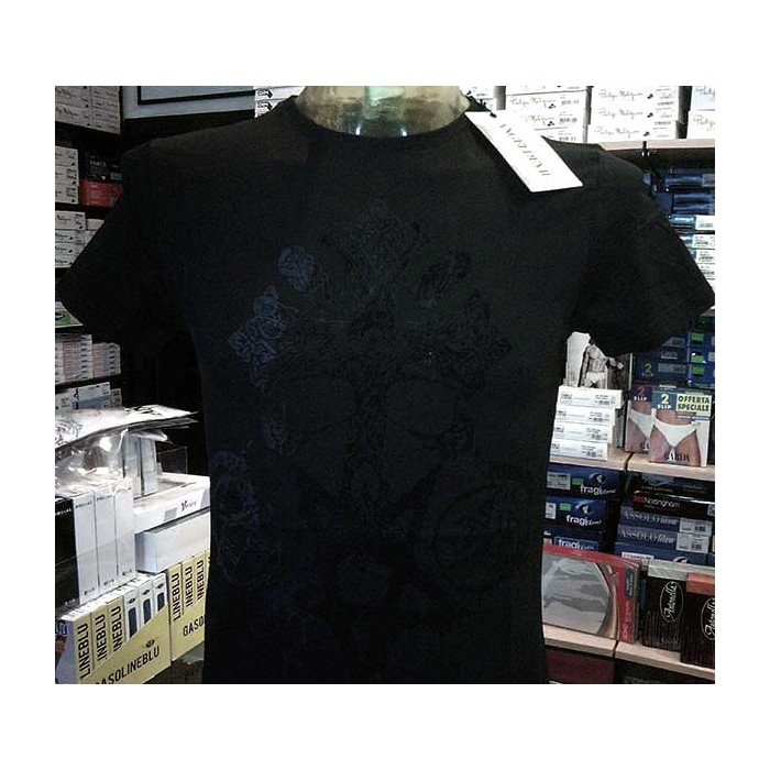 T-shirt uomo Angel Devil manica corta a girocollo in cotone con stampa logo effetto velluto