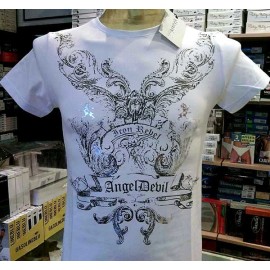 T-shirt uomo Angel Devil manica corta a girocollo con stampa argentata e borchiette