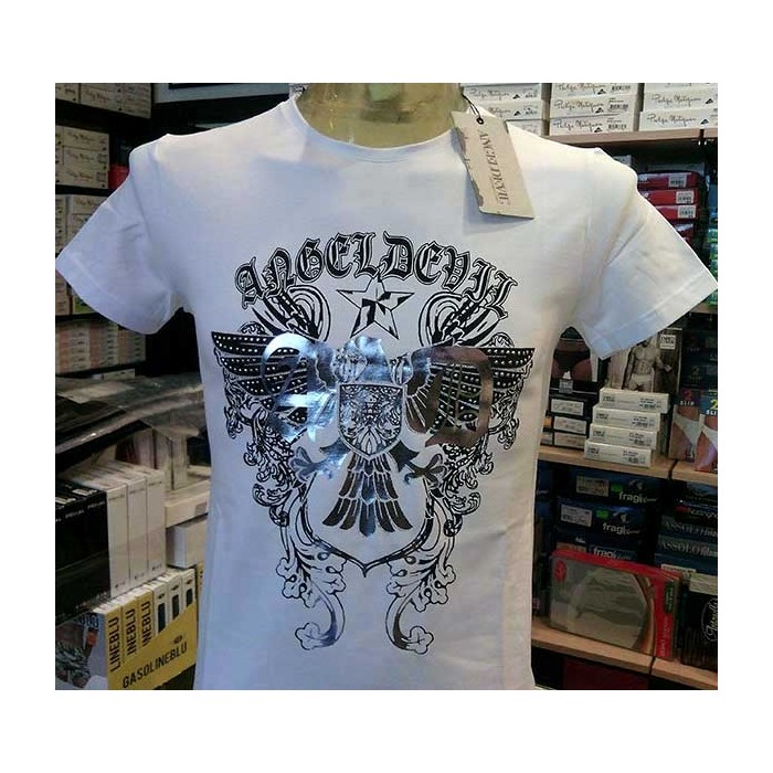 T-shirt uomo Angel Devil manica corta a girocollo in cotone con stampa e borchiette