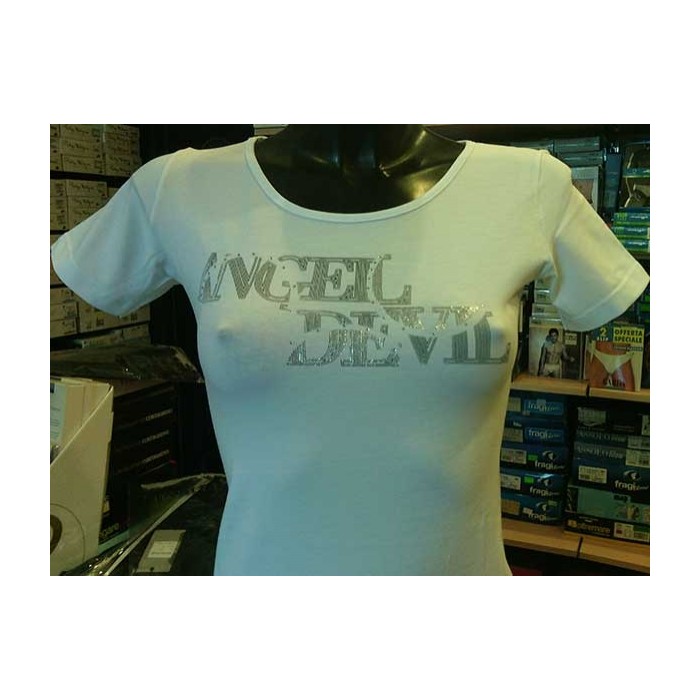T-shirt donna Angel Devil manica corta a girocollo con logo argentato e strass