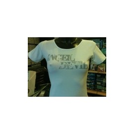 T-shirt donna Angel Devil manica corta a girocollo con logo argentato e strass 2