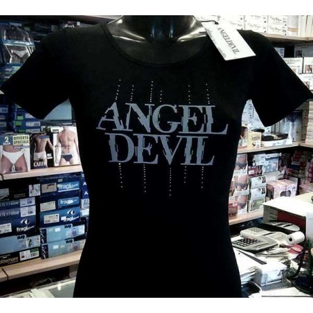 T-shirt donna Angel Devil manica corta a girocollo in cotone con stampa logo e strass
