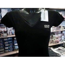 T-shirt donna Angel Devil manica corta scollo V fronte retro in cotone con stampa logo