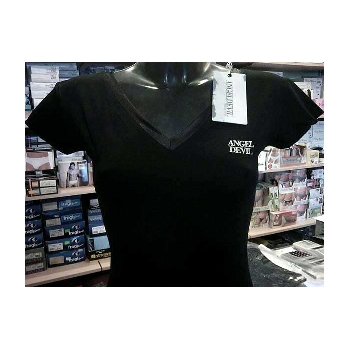 T-shirt donna Angel Devil manica corta scollo V fronte retro in cotone con stampa logo