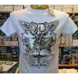 T-shirt uomo Angel Devil manica corta a girocollo con stampa argentata e borchie