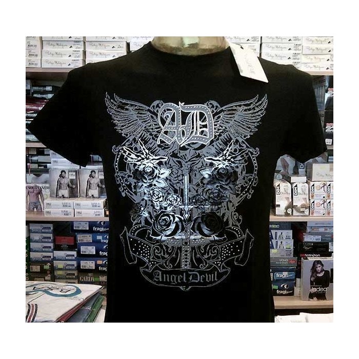 T-shirt uomo Angel Devil manica corta a girocollo con stampa argentata e borchie