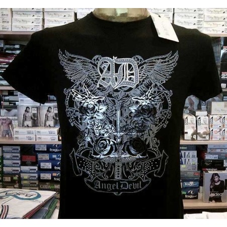 T-shirt uomo Angel Devil manica corta a girocollo con stampa argentata e borchie