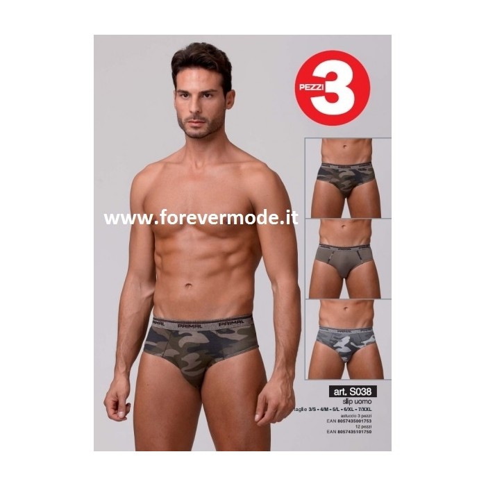 3 Slip uomo Primal a fantasia mimetica con elastico loggato