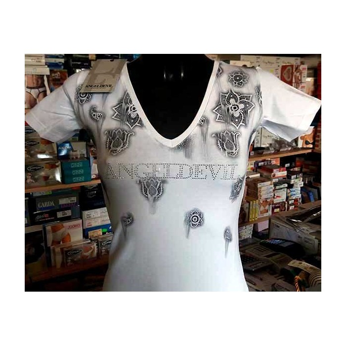 T-shirt donna Angel Devil manica corta a scollo V con stampa e logo in strass
