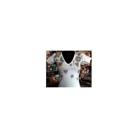 T-shirt donna Angel Devil manica corta a scollo V con stampa e logo in strass