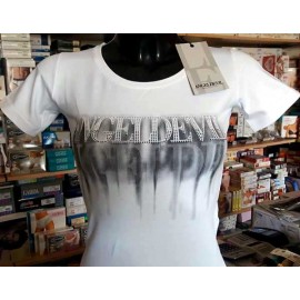 T-shirt donna Angel Devil manica corta a girocollo con stampa logo e strass