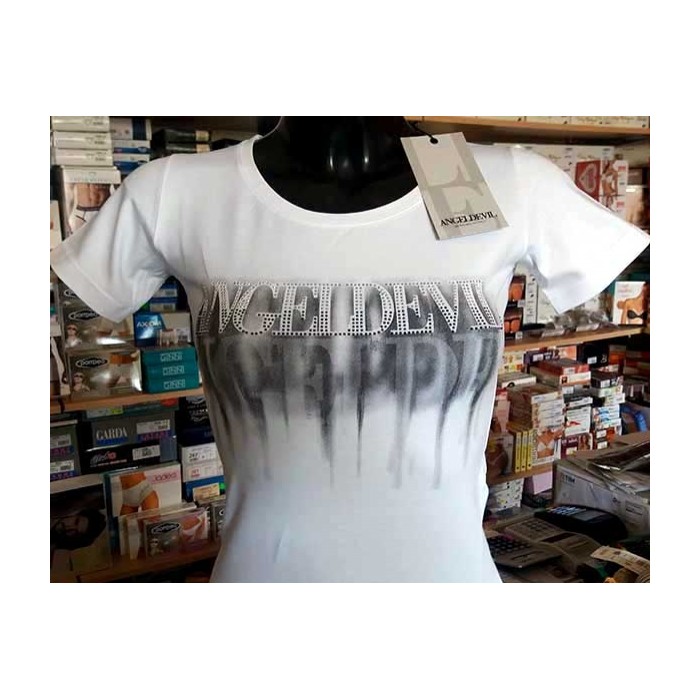 T-shirt donna Angel Devil manica corta a girocollo con stampa logo e strass