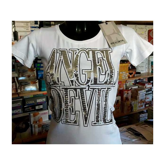 T-shirt donna Angel Devil manica corta a girocollo con logo in paillettes