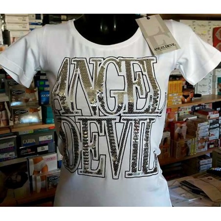 T-shirt donna Angel Devil manica corta a girocollo con logo in paillettes