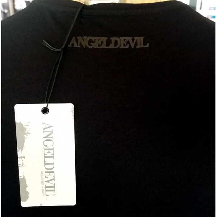 T-shirt uomo Angel Devil manica corta con girocollo borchiato e stampa logo dietro
