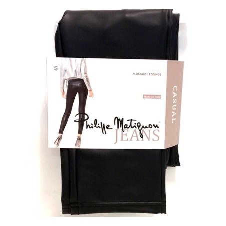 Leggings donna Matignon in eco pelle elasticizzata con tasche dietro