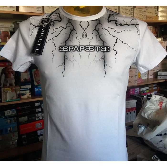 T-shirt uomo Papeete manica corta a girocollo con stampa logo, lampi e fulmini